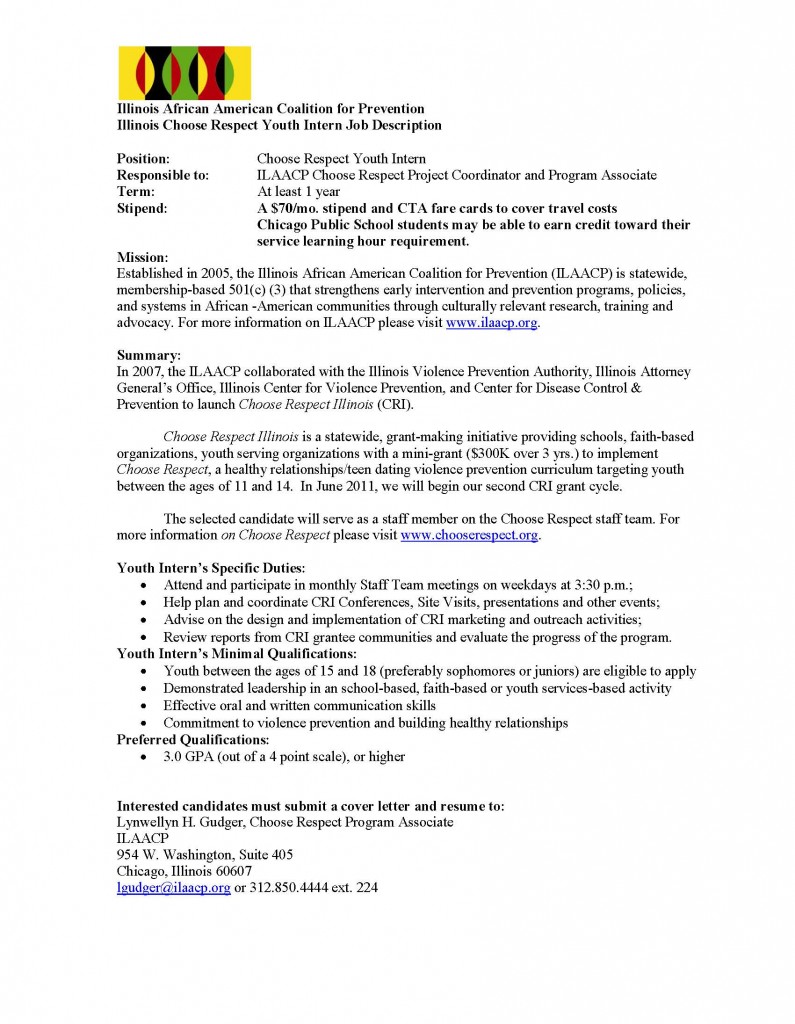 Illinois Choose Respect Youth Intern Job Description